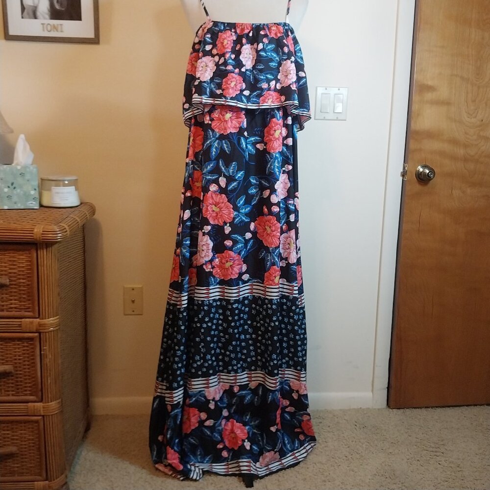 FLORAL SPAGHETTI STRAP FLOUNCE TOP MAXI DRESS  SIZE L (see measurements)